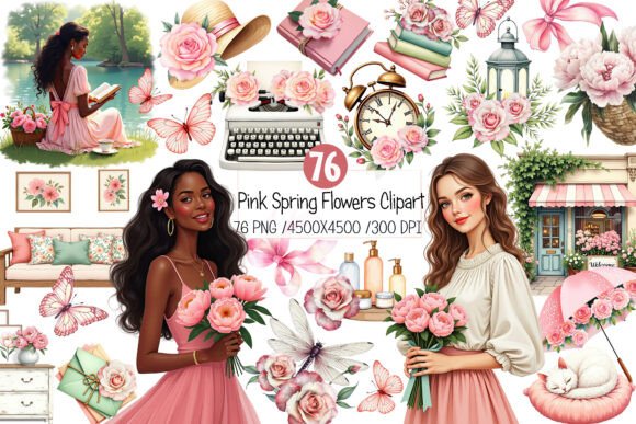 Pink Spring Flowers Clipart for Design