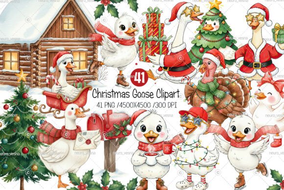 Watercolor Christmas Goose Clipart: A Festive Design Asset